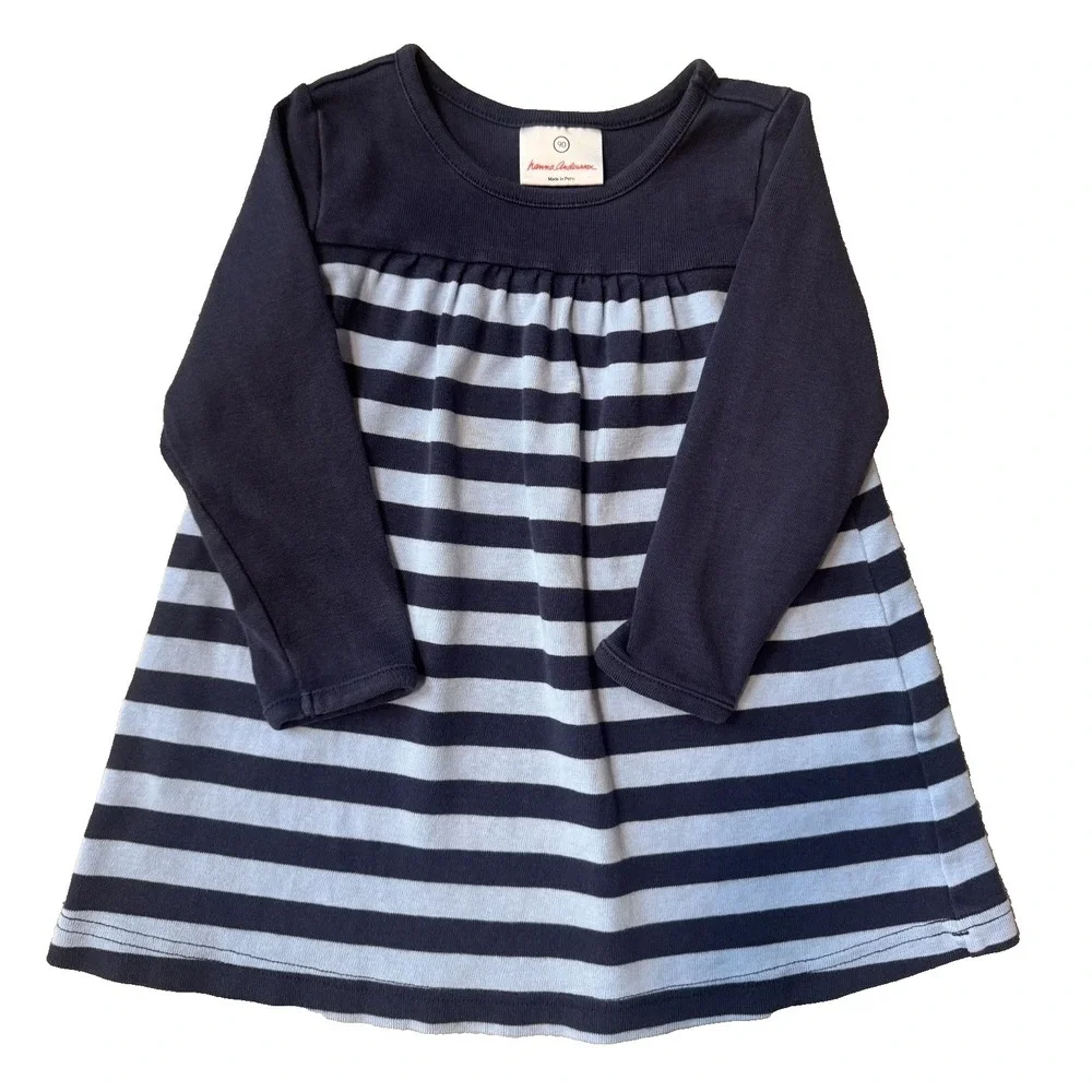 Hanna Andersson Girls 90 3T Navy Striped Long‎ Sleeve Dress 100% Cotton Darling!